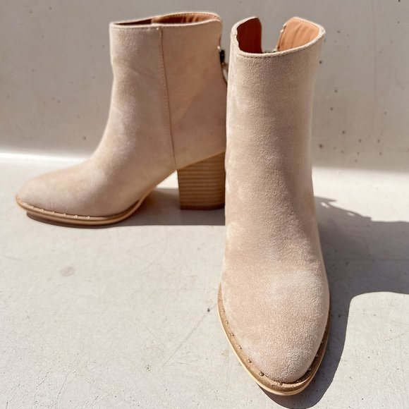 Taupe Faux Suede Pointed Toe Rivet Mini Studded Block Heel Ankle Bootie Boot - Picture 8 of 16